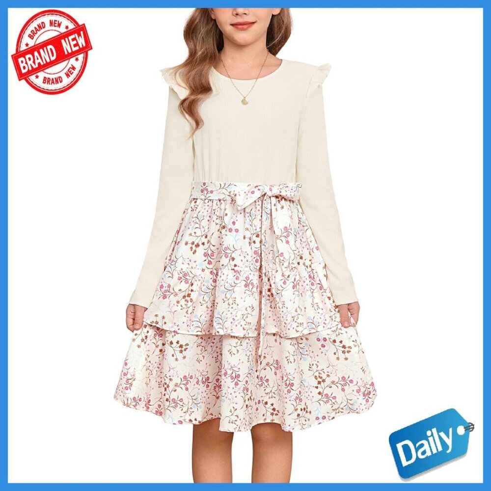 Girls Long Sleeve Floral Midi Dress with Belt Size 6-13